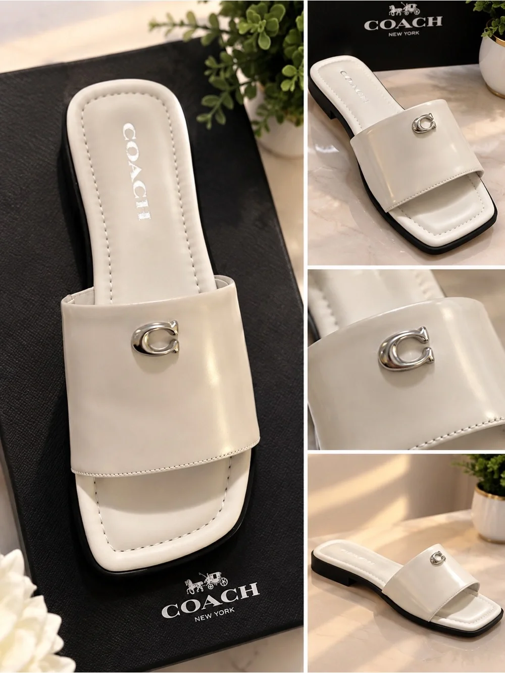 Coach White Patent Slide Mules with Silver 'C' Accent